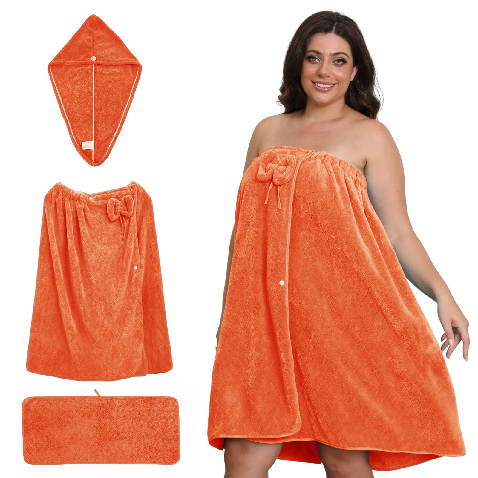 Emdelifo Plus Size Bath Towel Wrap for Women (XXL-XXXXL), Oversize Shower Wrap Dress Spa Bathrobe, Comfortable Adjustable Body Wrap + Hair Drying Towel + towel, Dry Quickly (ORANGE, 31X82INCH)