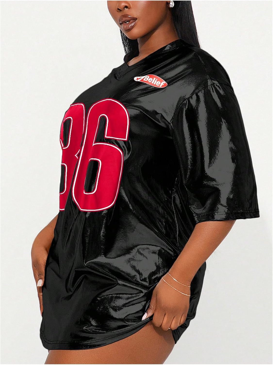 OYOANGLE Women's Jersey Dress Silver T-Shirt Oversized Y2k Number Print Short Sleeve V Neck Tees Party Top Shirt Dresses - Image 4