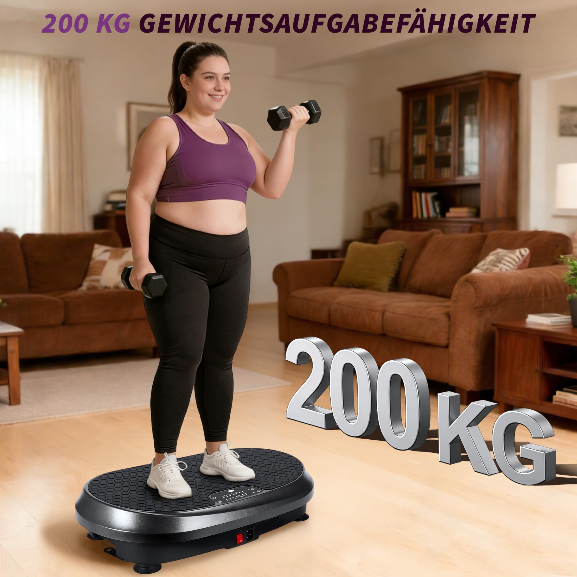 Vibrationsplatte - Vibration Plate Rüttelplatte Sport für Zuhause | Hohe Stabilität Rutschfeste Fußpads Leiser Betrieb Fernbedienung Widerstandsbänder 9 automatische Programme LED-Anzeige