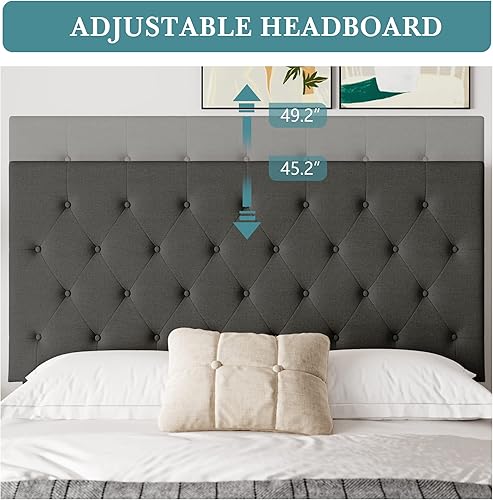 Miniatura 5 de HOOMIC Base de cama Queen con cabecera ajustable de diamante  marco de cama tapizado de tela  base de colchón  listones de madera  no necesita