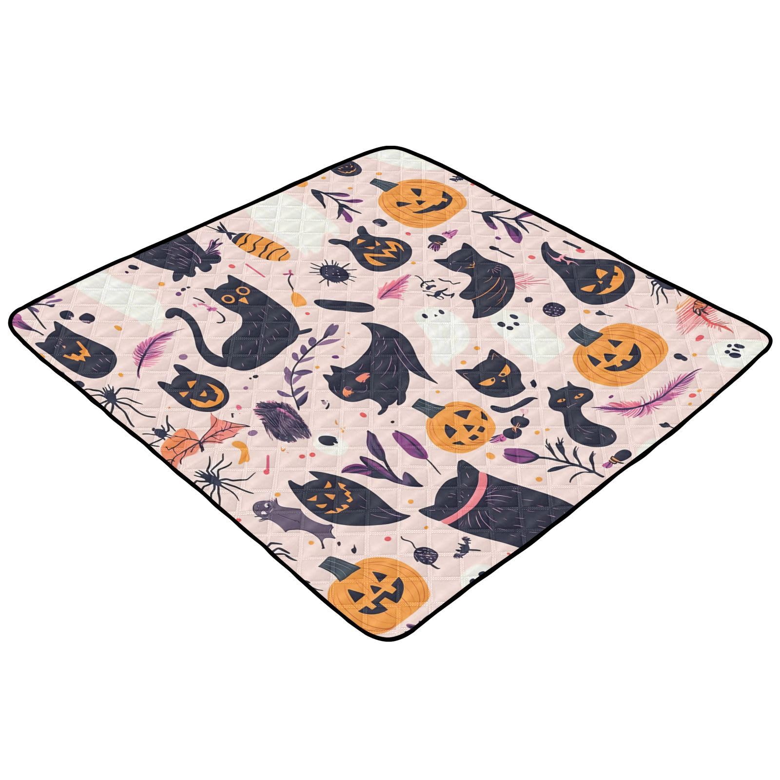 BOESI Halloween Pumpkin & Black Cat Baby Play Mat, 50“ X 50” Washable Folding Crawling Mat, Baby Floor Mat, Soft, Non-Slip