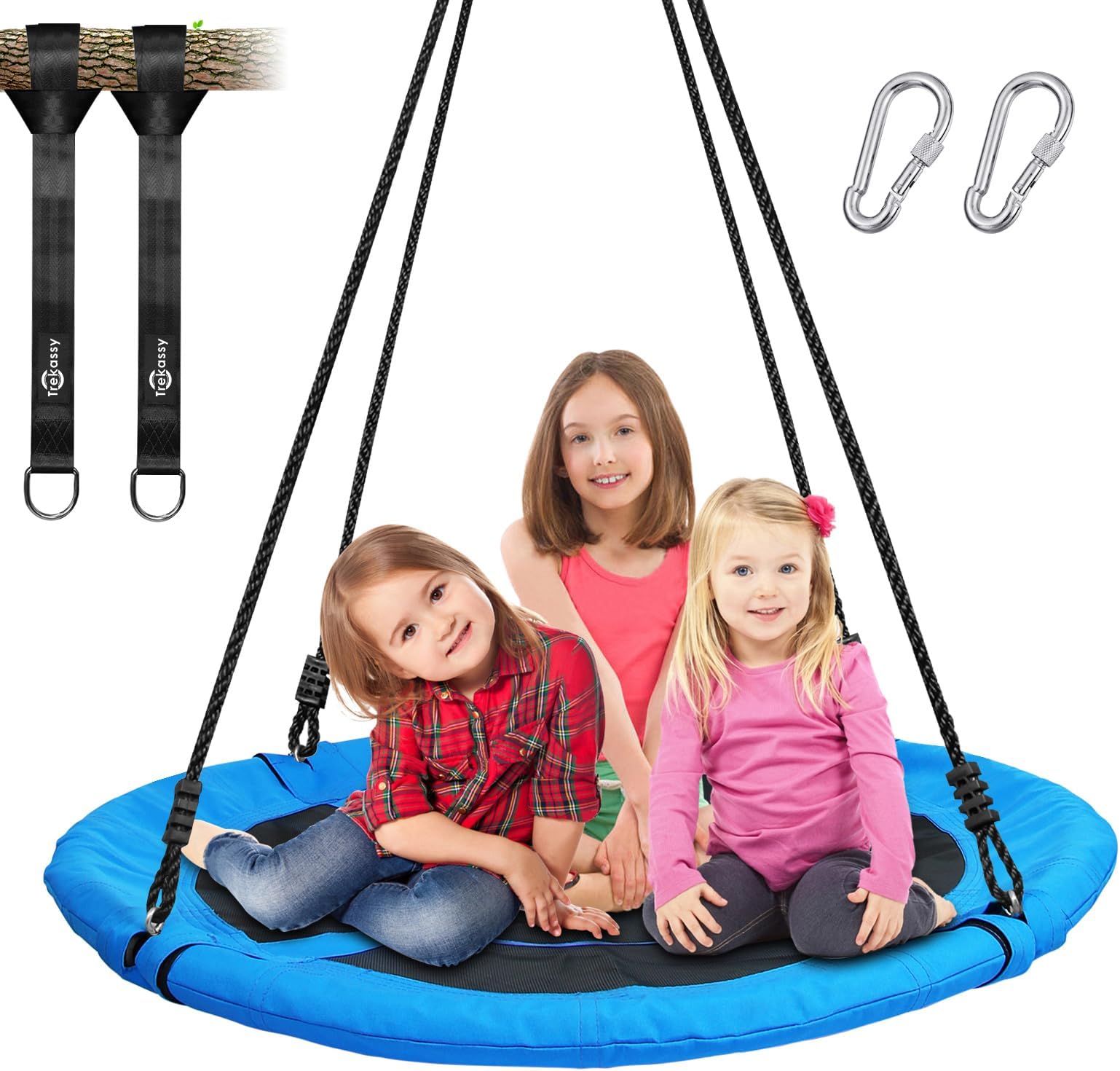 Trekassy 700ポンド 40インチ ソーサー ツリーブランコ 子供 大人用 900D オックスフォード 防水 ツリーハンギングストラップ2本付き スチールフレーム 調節可能なロープ付き ブルー