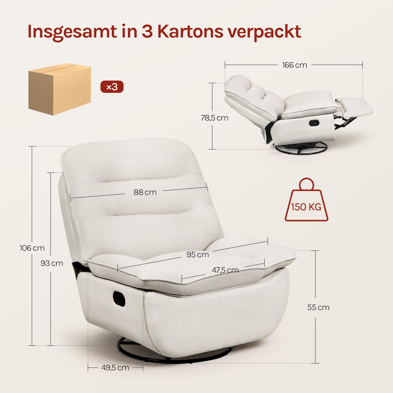 WOLTU Relaxsessel mit Liegefunktion, 95 cm breite Sitzfläche, Beige | drehbarer Fernsehsessel, mit klappbarer Fußstütze, Seitenfach, bis 150 kg, für Wohnzimmer Schlafzimmer Arbeitszimmer