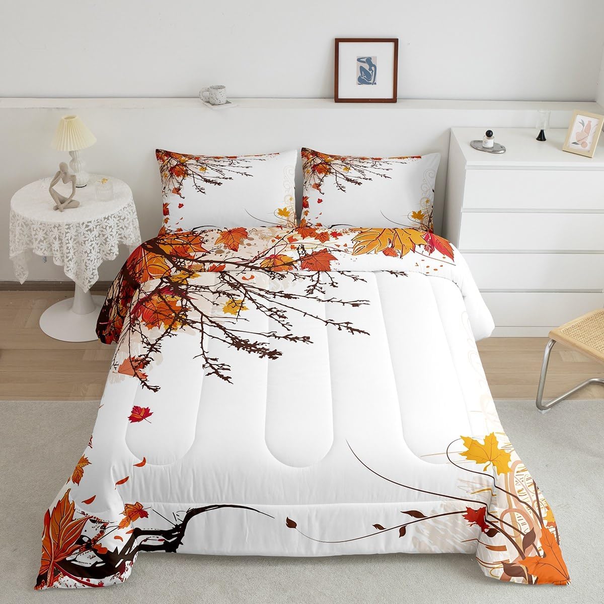 Erosebridal Fall Leaves Comforter Set Twin Size, Purple Maple Leaves Bedding Set for Kids Youth Girls, Botanical Branches Down Comforter Autumn Thanksgiving Gift Quilt Soft Warm with 1 Pillow Case