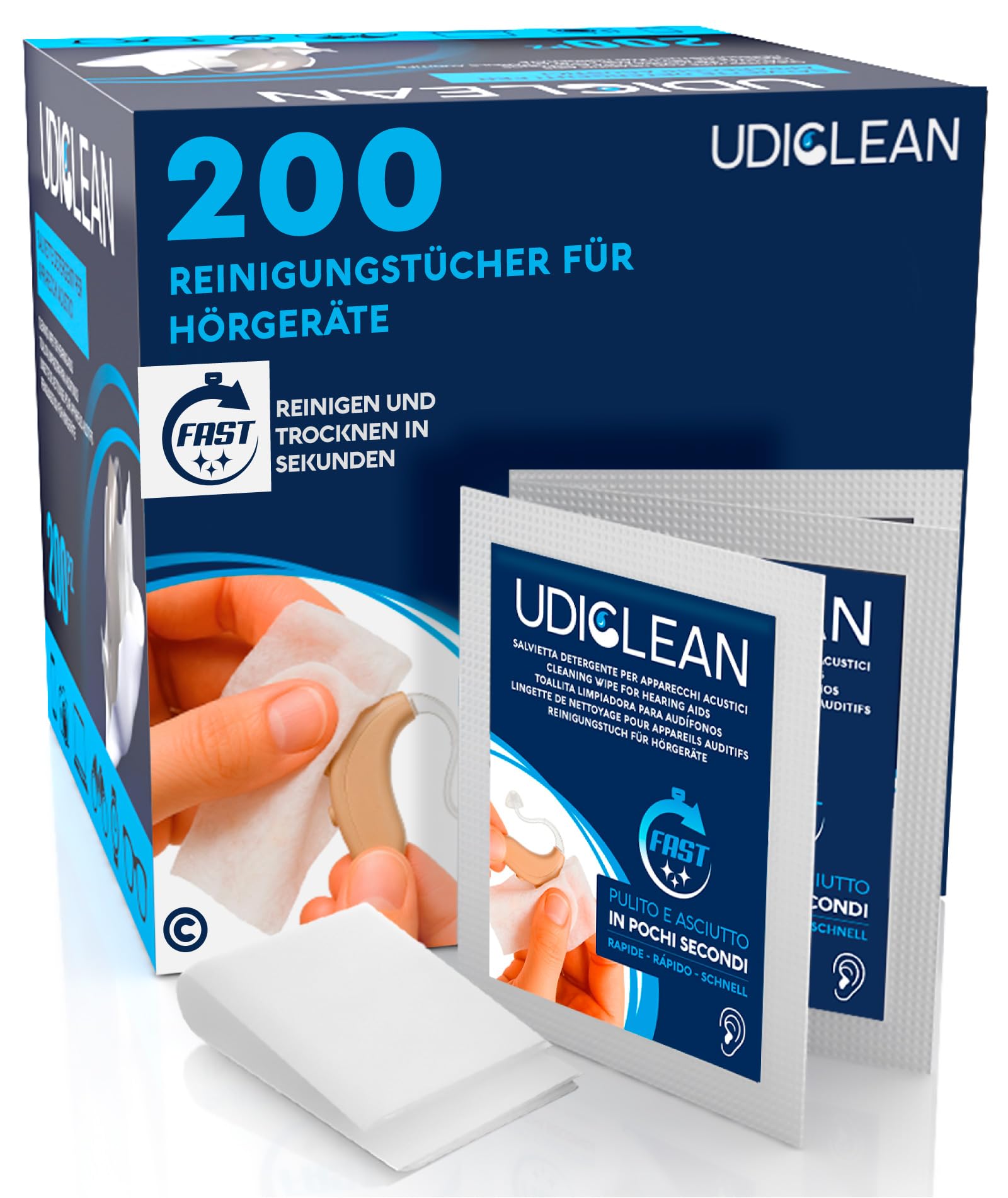 200 Reinigungstücher für Hörgeräte Udiclean - Feuchttücher Gegen Schmutz Schweiß und Fett Effektive Reinigung und Schnelle Trocknung - Einzeln Verpackt