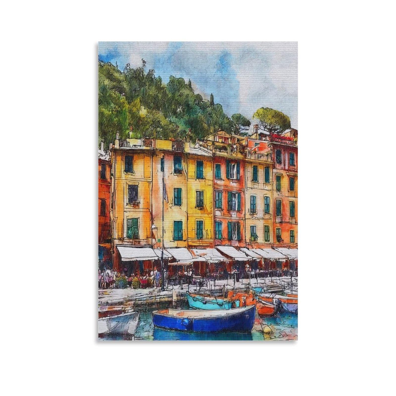 Cnaheiz Unframe-Style Portofino Italy 08X12inch(20X30cm) Vintage Travel Poster Watercolor Canvas Art