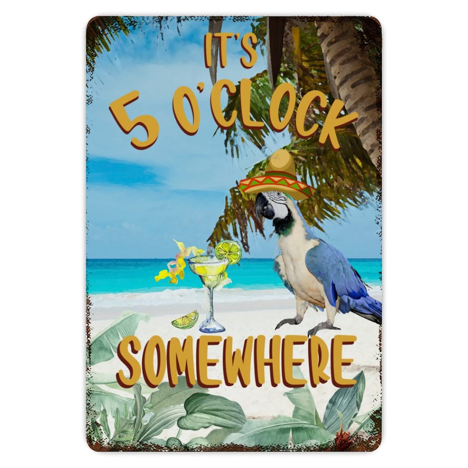 ENEDNATE Tiki Bar Sign It's Five O'clock Somewhere Parrot Metal Tin Sign 8x12 inch Outdoor Happy Hour Pool Beach Hot Tub Rum Time