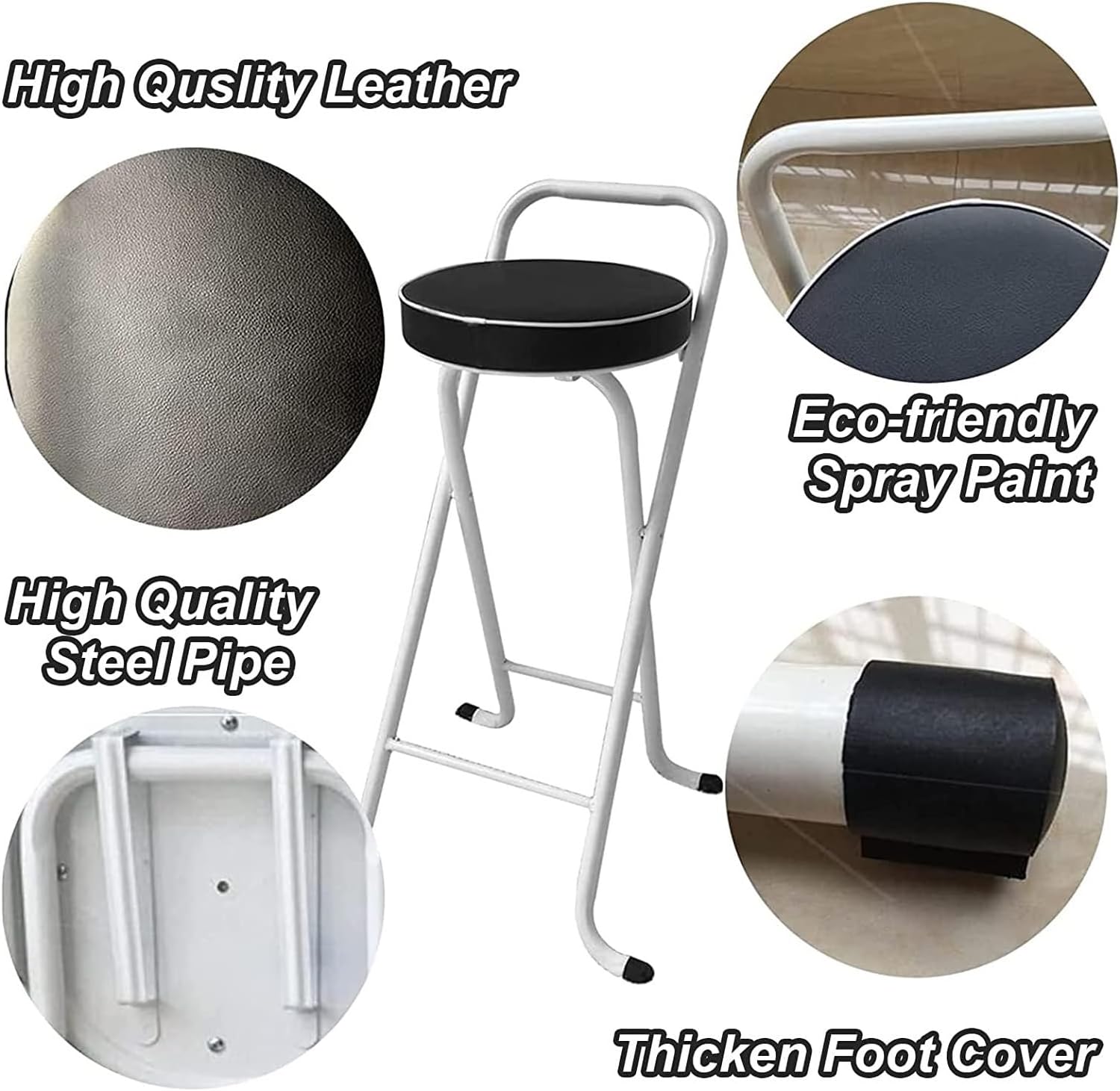 Folding Stool with Footrest, PU Padded Kitchen Stool, Portable Height Foldable High Chair, Tall Stools for Outdoor Shop Cafe (Color : Black, Size Seat 65cm) (Black+White Seat Heig