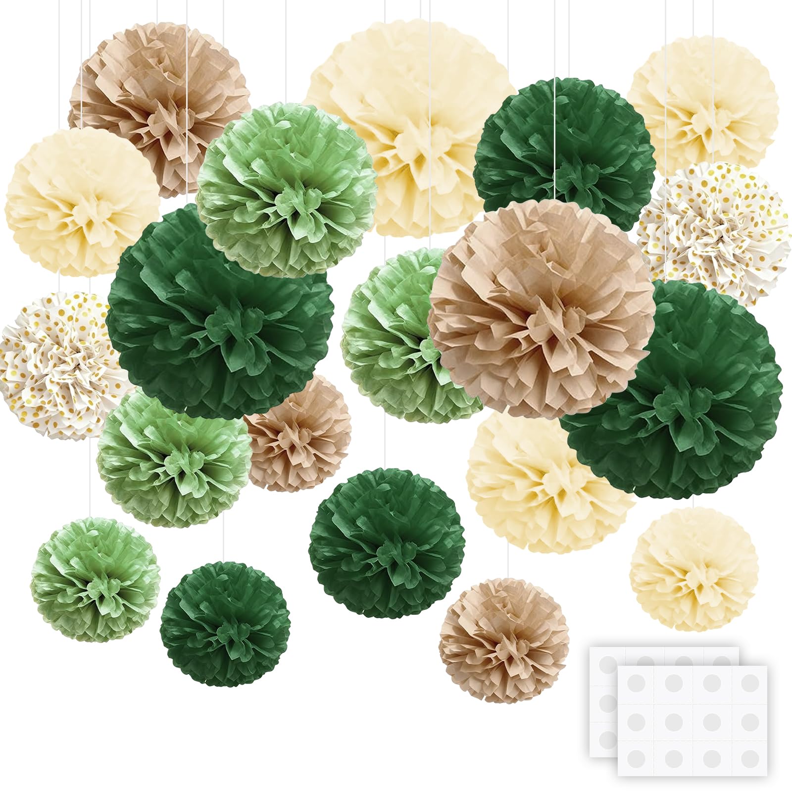 MYHOGOOD 20PCS Olive Sage Green Tissue Paper Pom Poms Decorations, Natural Cream Wall Hanging Decoration for Birthday Boho Wedding Neutral Baby Shower Wild Safari Party Decor