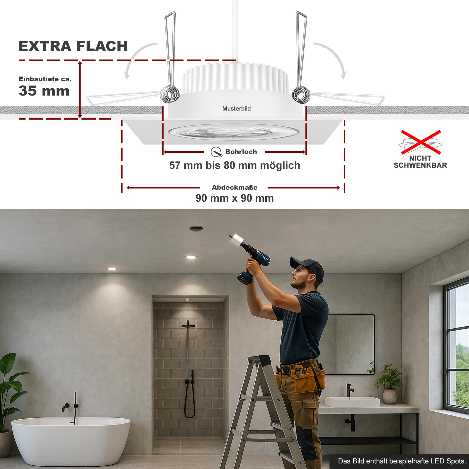 trendlights24 Mare IP44 Bad LED Einbaustrahler 230V Weiß eckig 3 Stufen dimmbar ultra flach 35 mm 5er Set 5W Neutralweiß Deckenleuchten für Feuchtraum