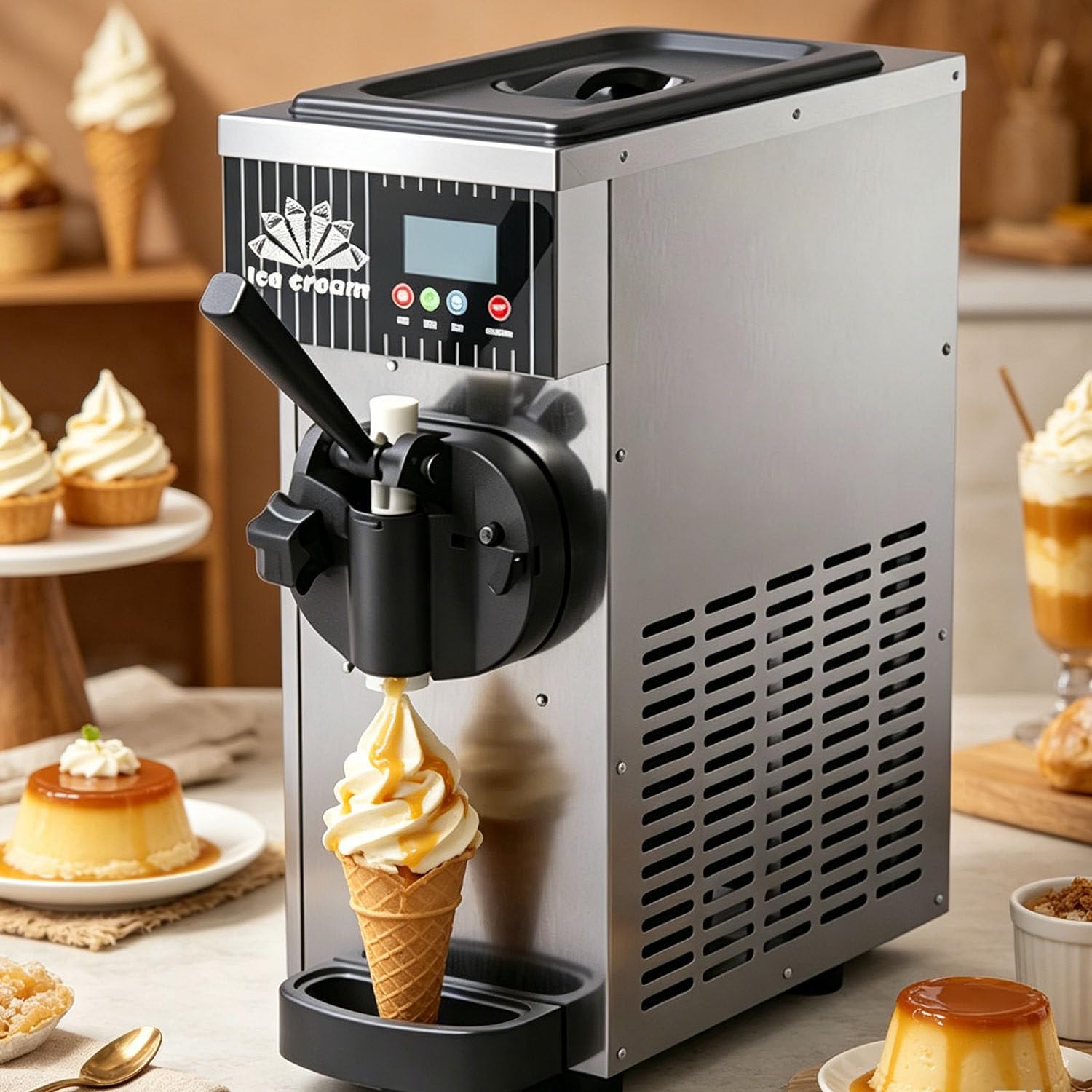 CelyToe 28L/H Single Flavor Soft Serve Ice Cream Machine, 304 Stainless Steel Tabletop Maker with LCD Digital Control & Fast Cooling System