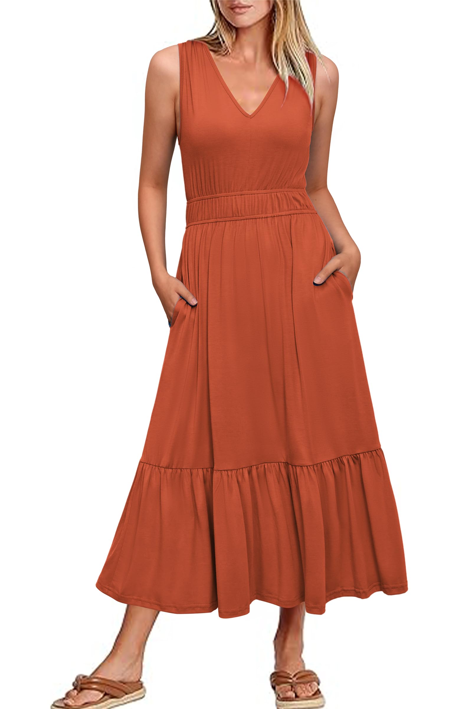 Newshows Women's 2025 Summer Dress Vacation V Neck Sleeveless Midi Dress Tiered Tank Swing Sundress with Pockets