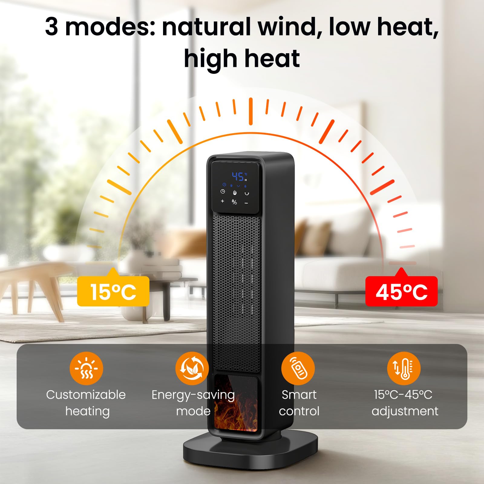 Riscaldamento supplementare 2200W Radiatore Elettrico, Modalità Eco, 3 Modalità Riscaldate, 180° Oscillazione, Telecomando, Protezione Multipla Display LED, Effetto Fiamma, Timer 24H, per Casa
