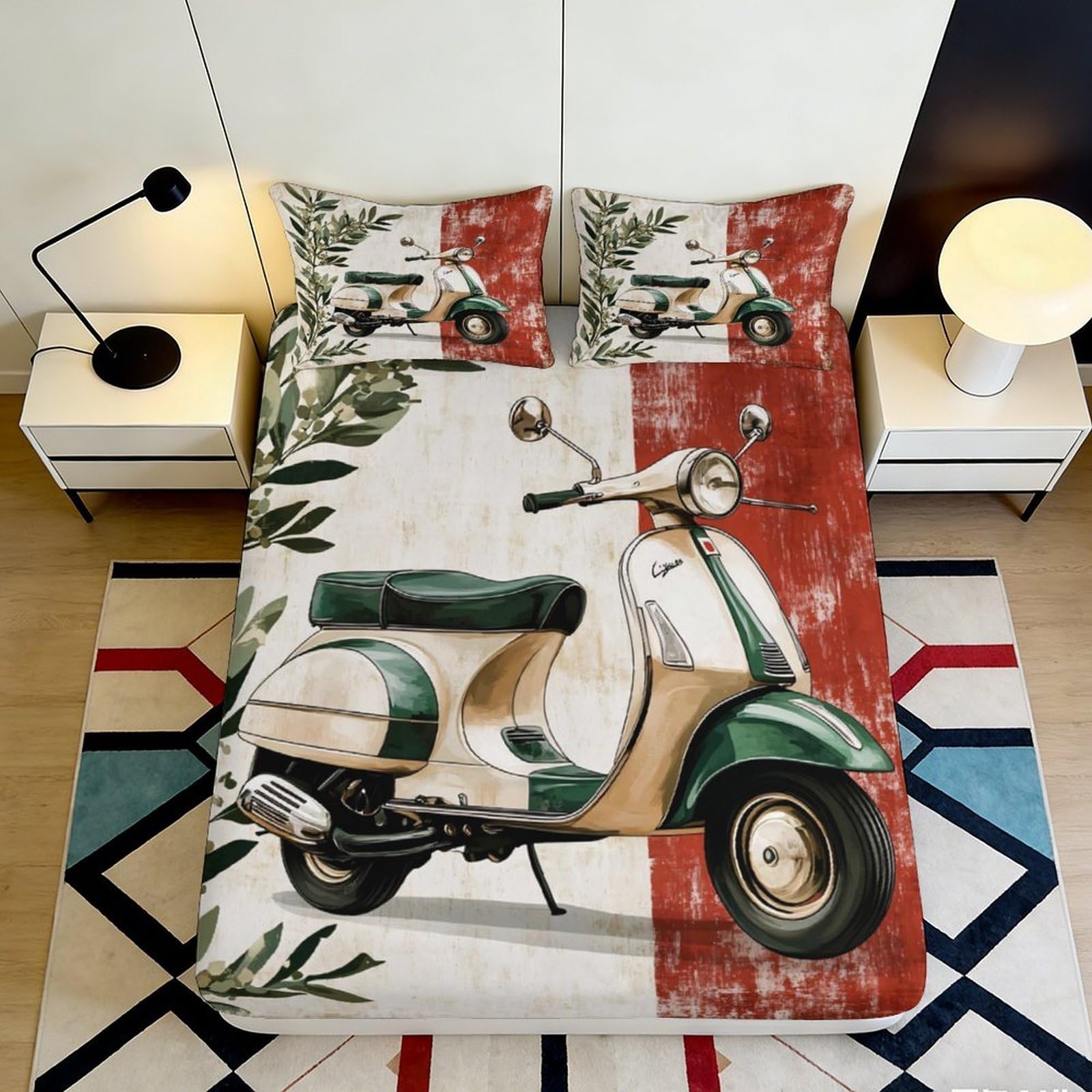 3D Printed Vintage Scooter Fitted Sheet Microfiber Olive Branch Mattress Cover for Bedroom Dorm Protection Decor 120x200x25cm