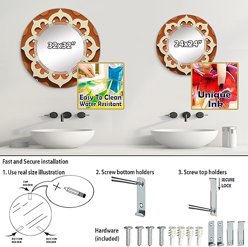 Miniatura 4 de DesignQ Moroccoan Tiles in Earth Tones I- Vanity Mirror, Bathroom Mirrors, Wall Mirrors for Living Room, Bedroom - Round Mirror - Large 24'x24',