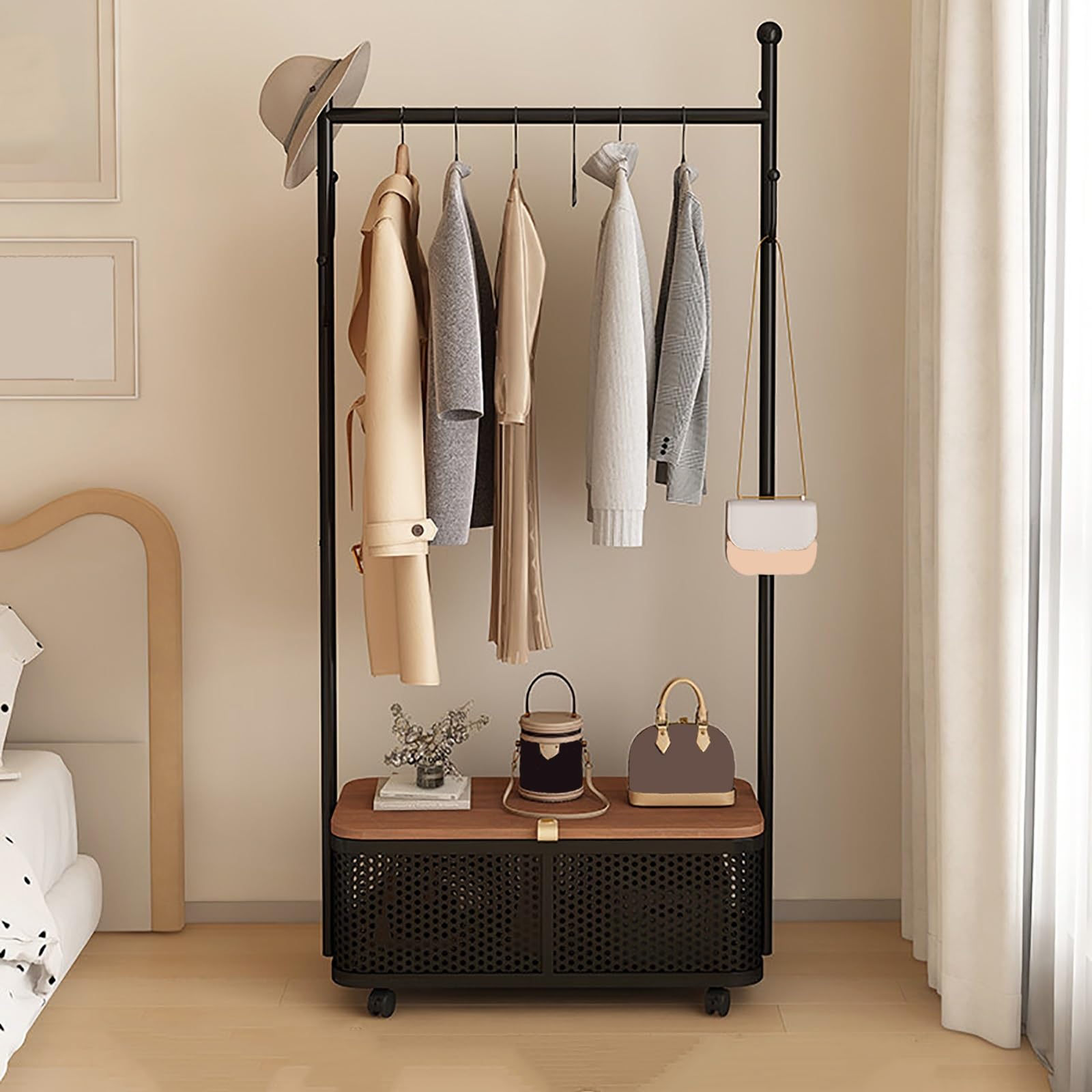 Perchero portátil de metal rodante, perchero para el hogar, dormitorio, cuarto de lavado, organizador de armario, diseño resistente, fácil de mover, solución de almacenamiento versátil