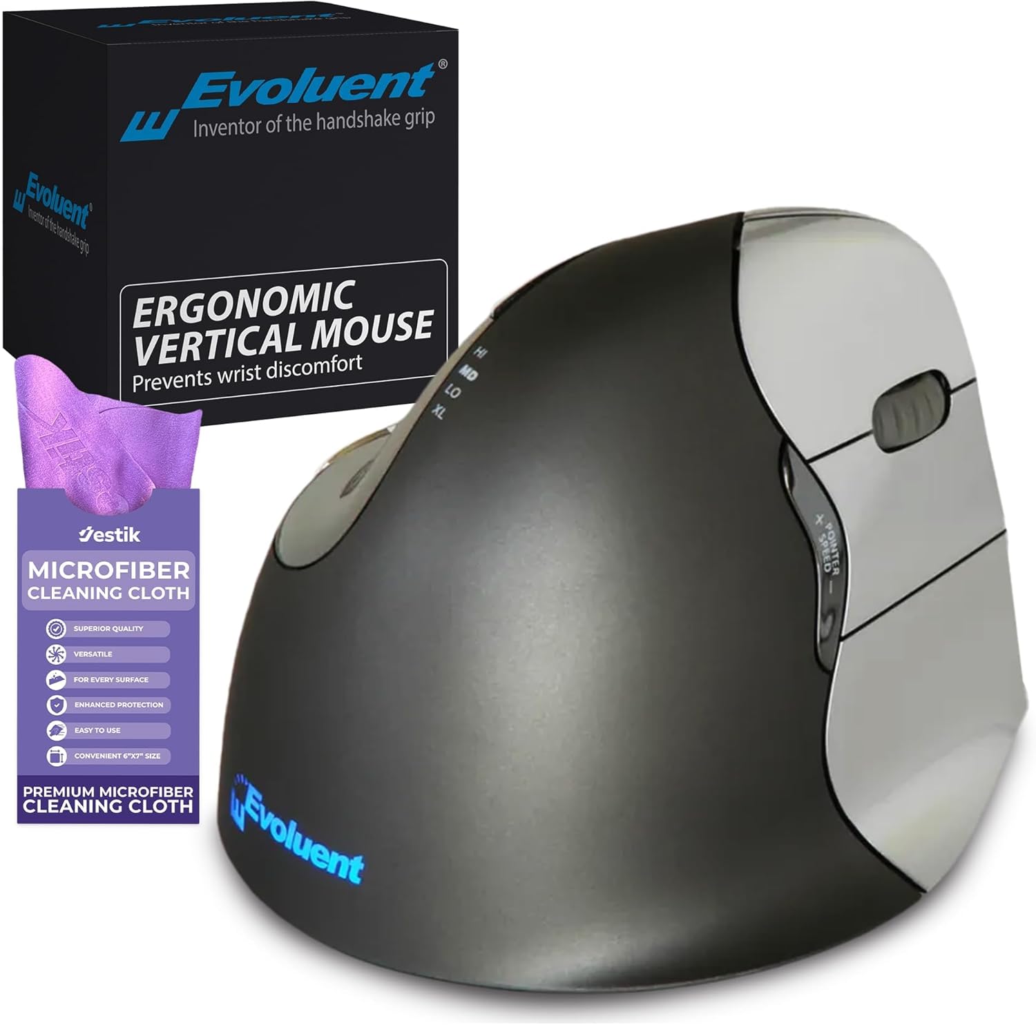 Evoluent Vertical Mouse 4 Right Hand (VM4R) - Ergonomic USB Wired Mouse for Laptop and PC with Jestik Microfiber Cloth (Regular Size) Black