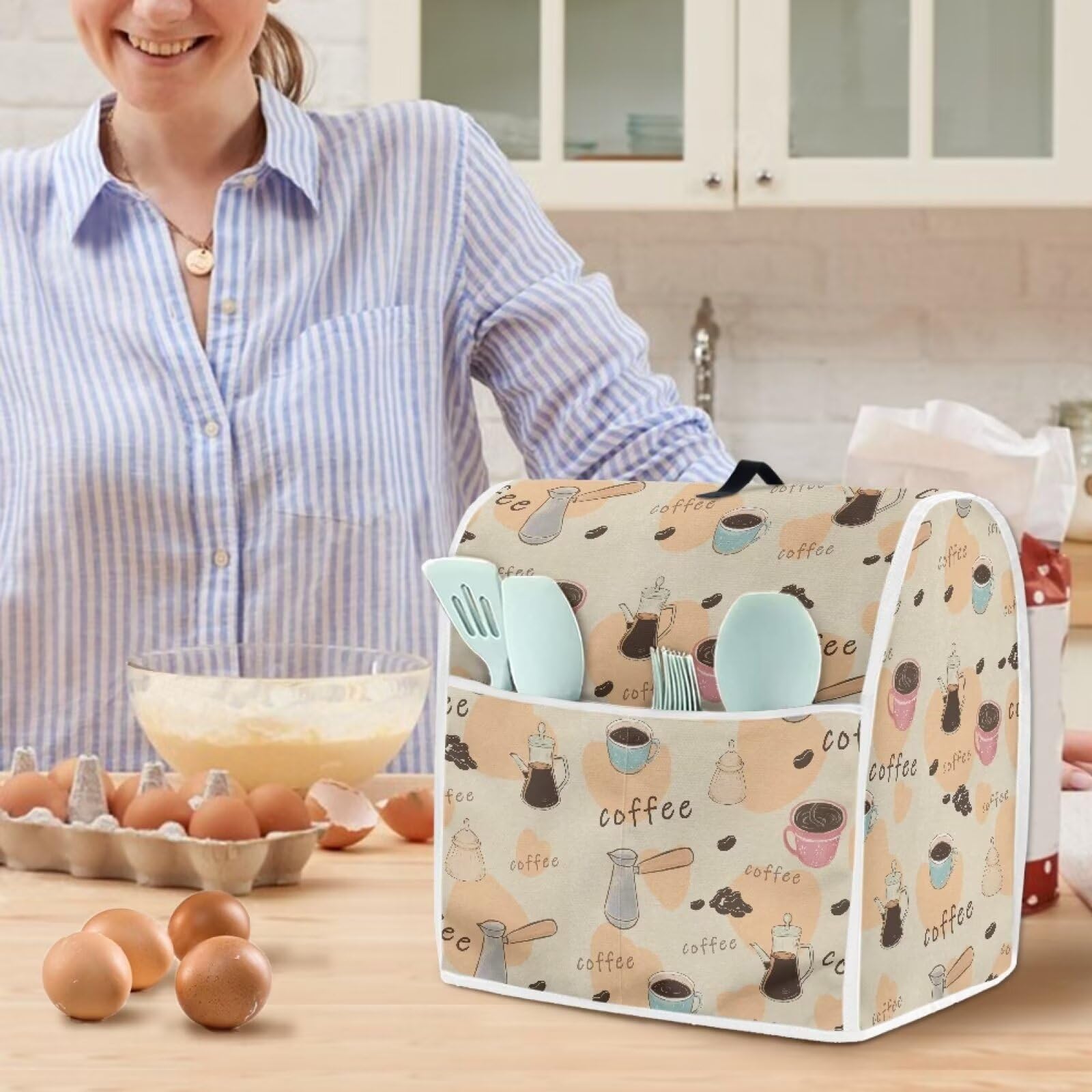 NETILGEN Kitchen Stand Mixer Cover for Tilt Head 4.5-5 Quart, Stain Resistant Washable Kitchen Appliance Protective Cover Kitchen Appliance Organizer with Front Pockets, Coffee Love Beige