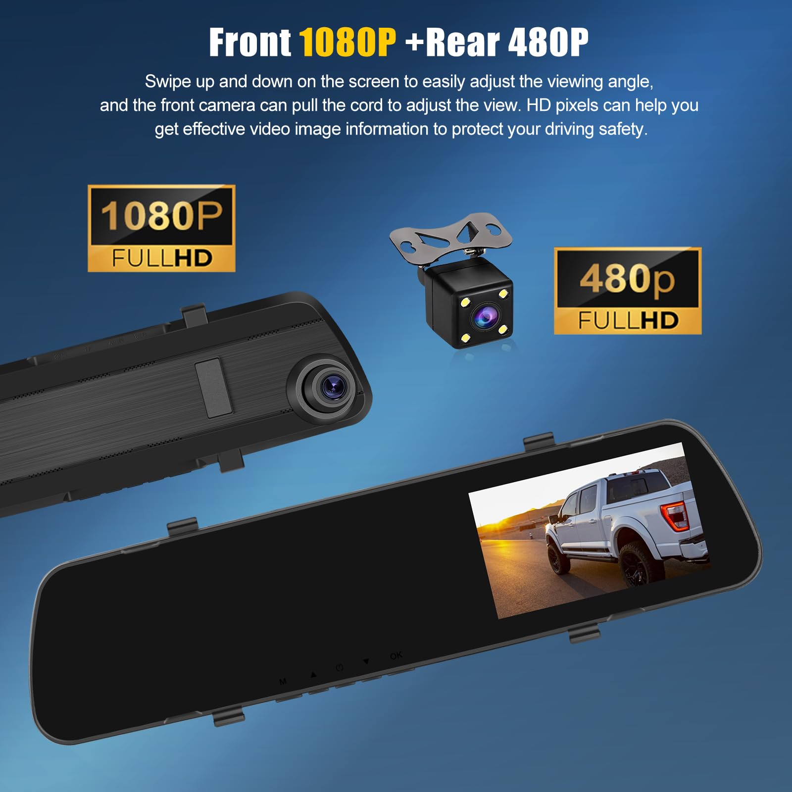 OiLiehu Cámara Salpicadero 1080P HD con Pantalla Táctil 4,0 Pulgadas, 480P Cámara Visión Trasera, Grabación en Bucle, Asistente de Marcha Atrás, Detección de Movimiento, Rotación de Lentes