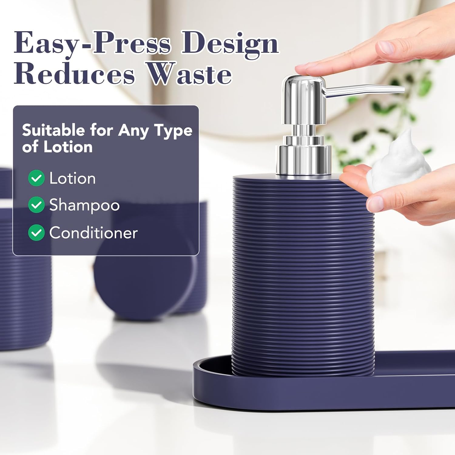 6-Piece Bathroom Accessory Set Resin, Navy Blue Bath Accessories Complete with Toothbrush Holder, Lotion Soap Dispenser, 2 Qtip Holders,Vanity Tray,Bathroom Tumbler - Countertop Vanity Organizer