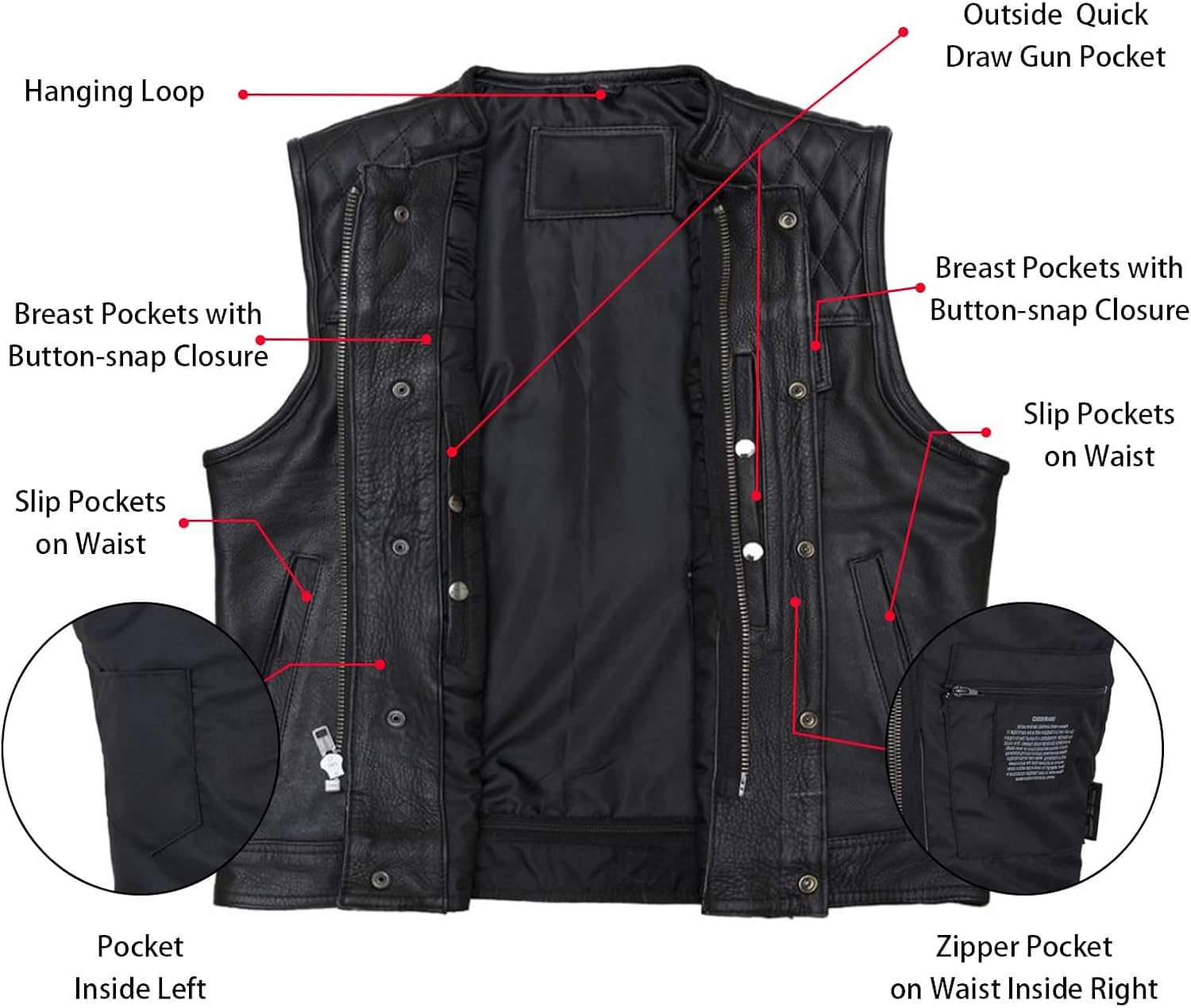 GARGOYLE BELLS Men's Leather Motorcycle Vest SOA Style Vest With Gun Pockets Biker Club Vest For Men