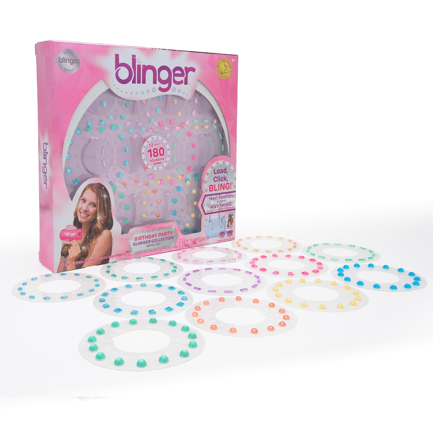 blinger Glimmer Collection Refill Pack | Birthday Party | 12 Discs – 180 Gems | Bling in Brush Out | Works with blinger Hair Styling Tool (Multicolored) blinger Glimmer Collection Refill Pack | Birthday Party | 12 Discs – 180 Gems | Bling in Brush Out | Works with blinger Hair Styling Tool (Multicolored)