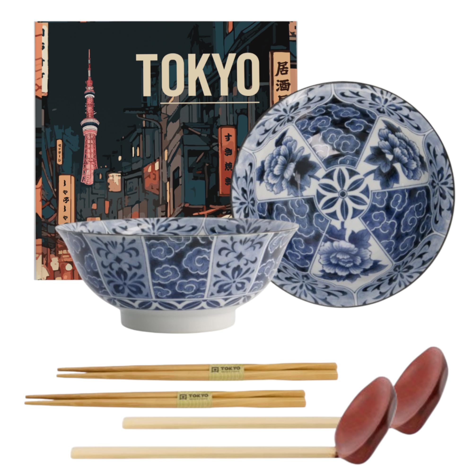teeblume TOKYO Design Wa Botan Schalen 2er Set | Japanisches Porzellan | Suppenschalen mit Blumenmuster | Ø 21 cm, 8.7 cm hoch, 1300 ml | Geschenkset mit Essstäbchen & Holzlöffel | Made in Japan