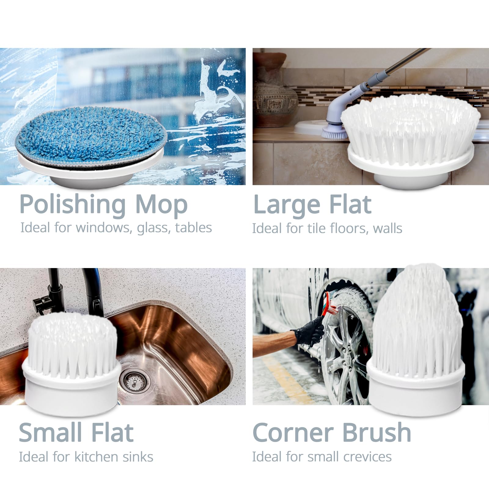 Essentials - Cepillo eléctrico giratorio para ducha, bañera, hogar, hasta 400 rpm de potencia, inalámbrico, tiempo de funcionamiento de 90 minutos, indicador LED, 7 cabezales de cepillo, 2 7