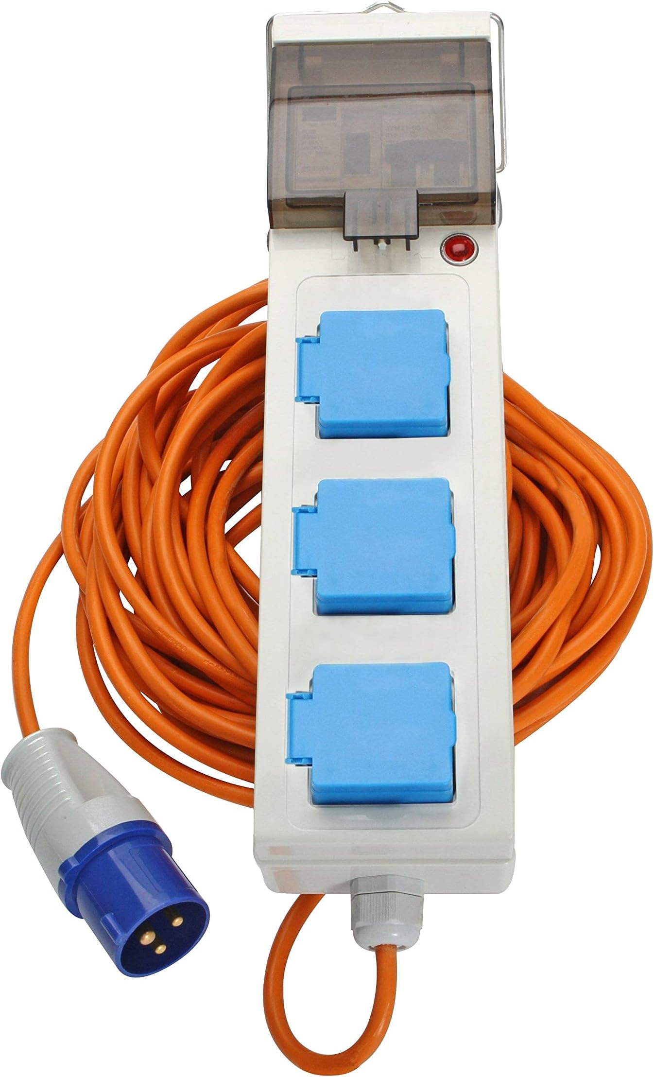 – Mobile Mains Kit with USB with 3 UK Sockets, Electric Hook up for Camping & Caravans with 15m Cable & 240V Site Plug, Splash-Proof IP44, Circuit Breaker & RCD