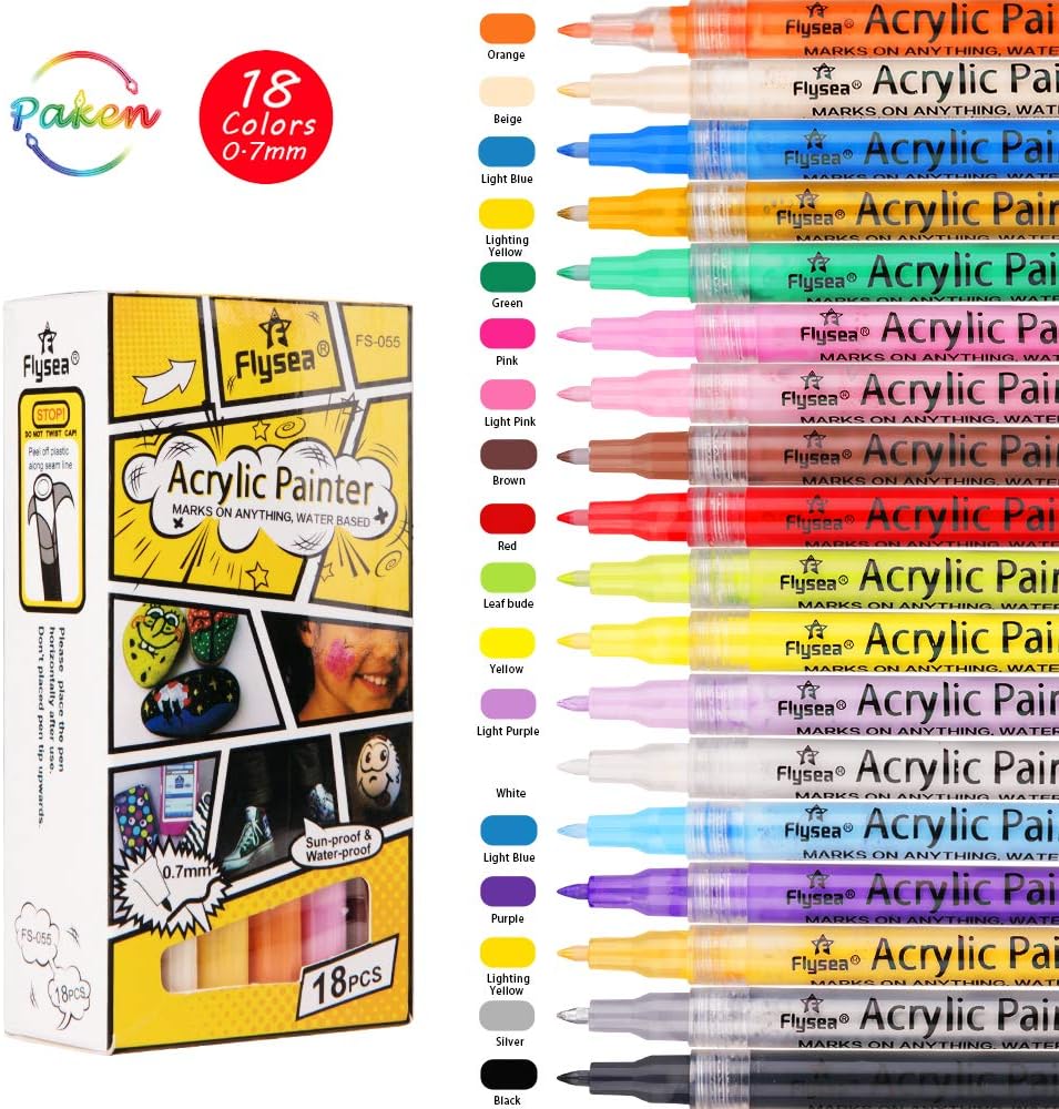 PAKEN Acrylic Paint Pen,18 Colors Paint Pens for Rock Painting| DIY Craft Art Waterproof Permanent Paint Marker Pen Set for Stone,Ceramic,Glass,Wood,Canvas,Glass,Home Decor (0.7mm Fine Tip)