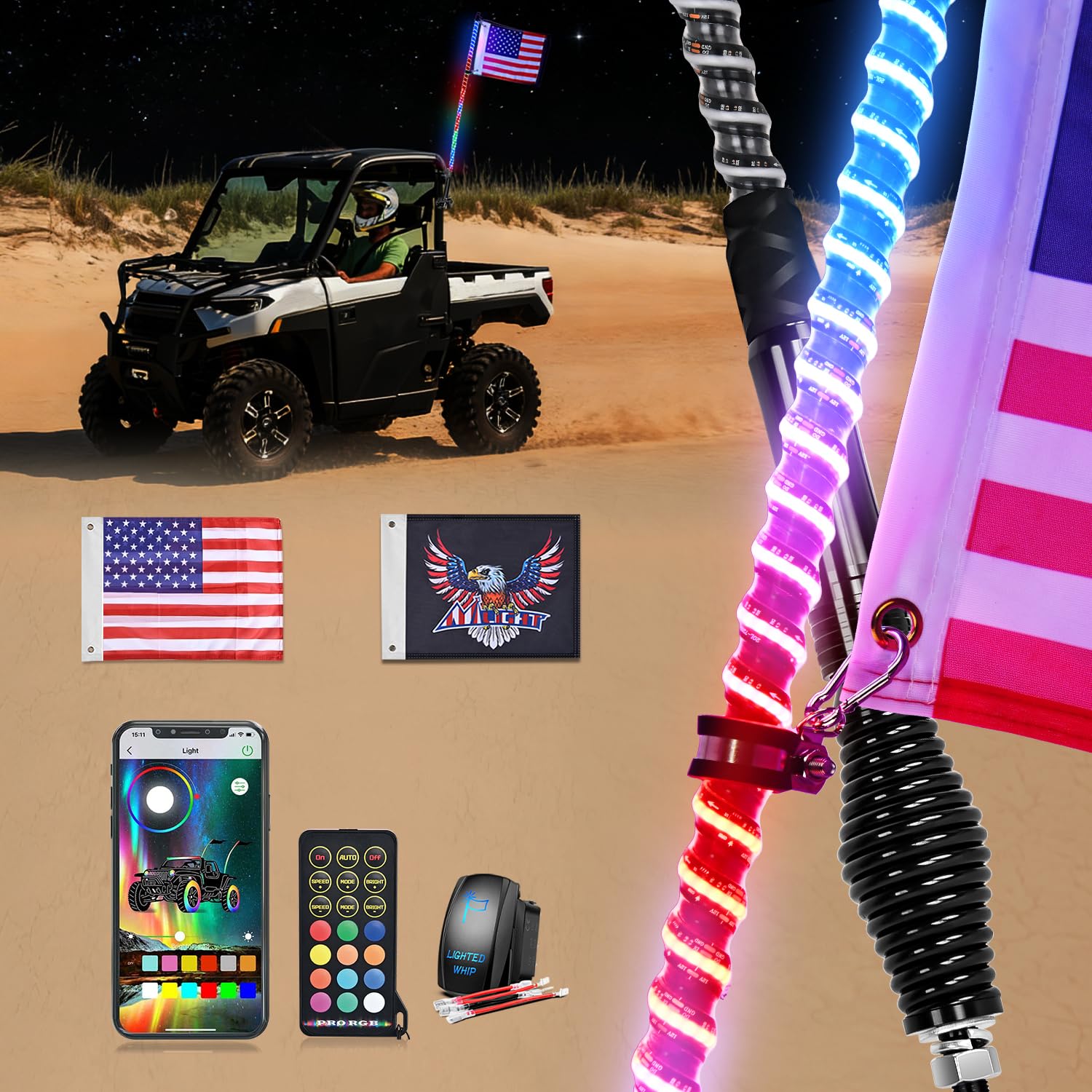 Nilight COB RGB LED Whip Light 1PC 5FT Spiral Antenna Whips