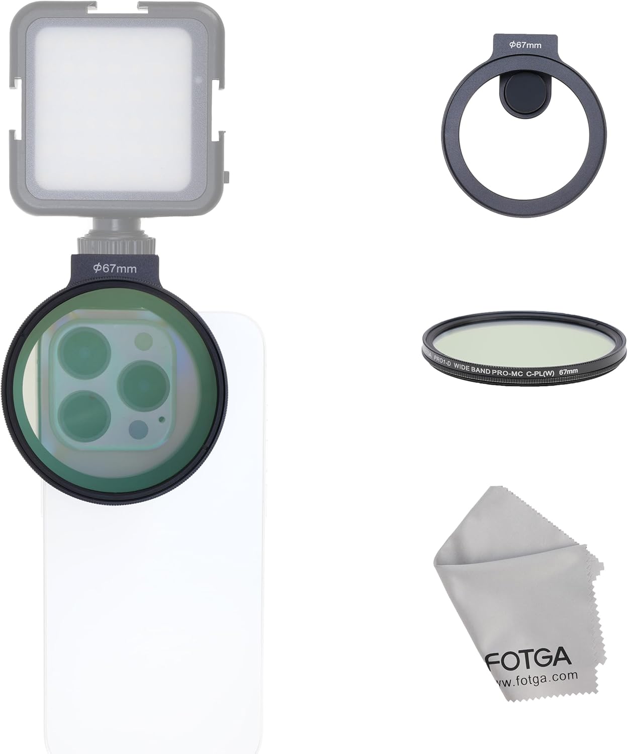 FOTGA Clip-on 67mm Thread Lens Filter Adapter for iPhone 14 15 16 Pro Max Smartphone Cell Phone,Cold Shoe Mount for Micrphone/LED Light,Anti-Slip/Anti-Scratch Lock Knob (Filter Adapter+67mm CPL)