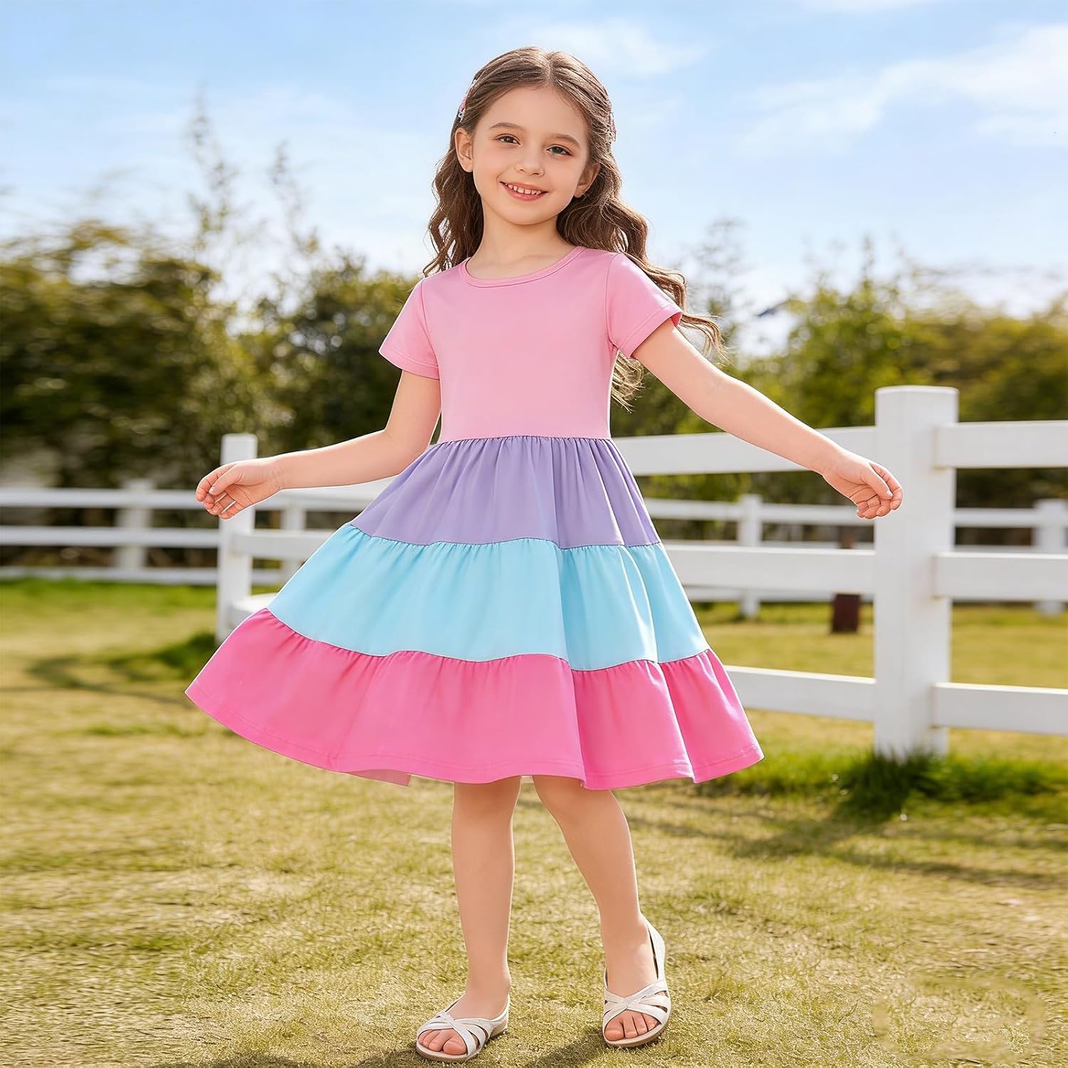 Girls Dresses Summer Skater Twirly Dress Toddler Kids Short Sleeves Tiered Casual Sundress for School 3-12 Years