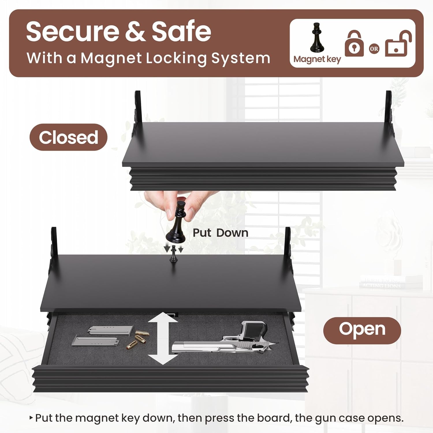 Compact Gun Shelf with Hidden Gun Drawer, Floating Wall Mount Gun Rack with Magnetic Lock for Home Decor,Solid Wood Concealment Shelf for Secure Storage