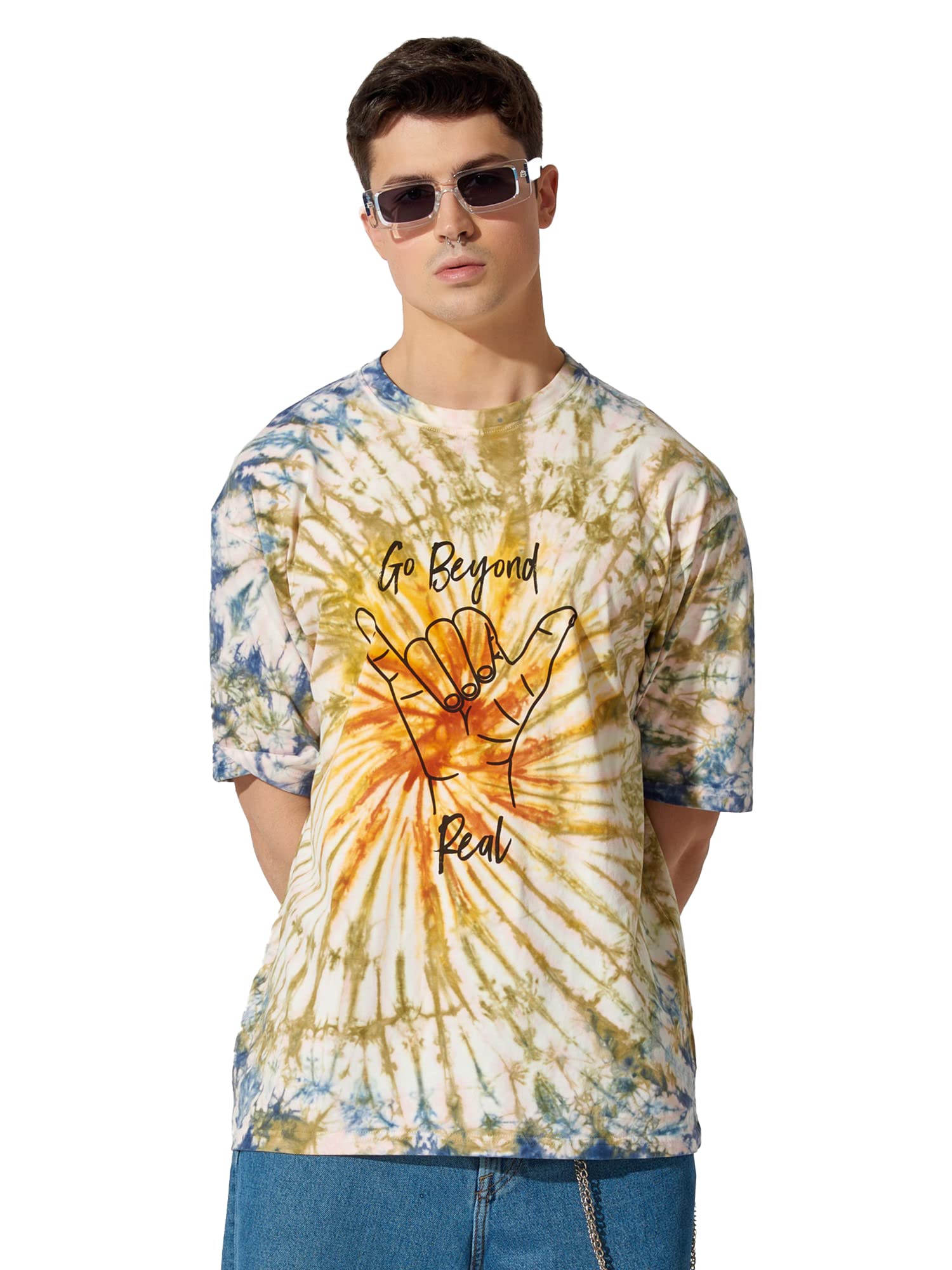 Maniac Mens Tie and Dye Round Neck Half Sleeve Blue, Green and Orange Cotton Oversized Fit T-Shirt
