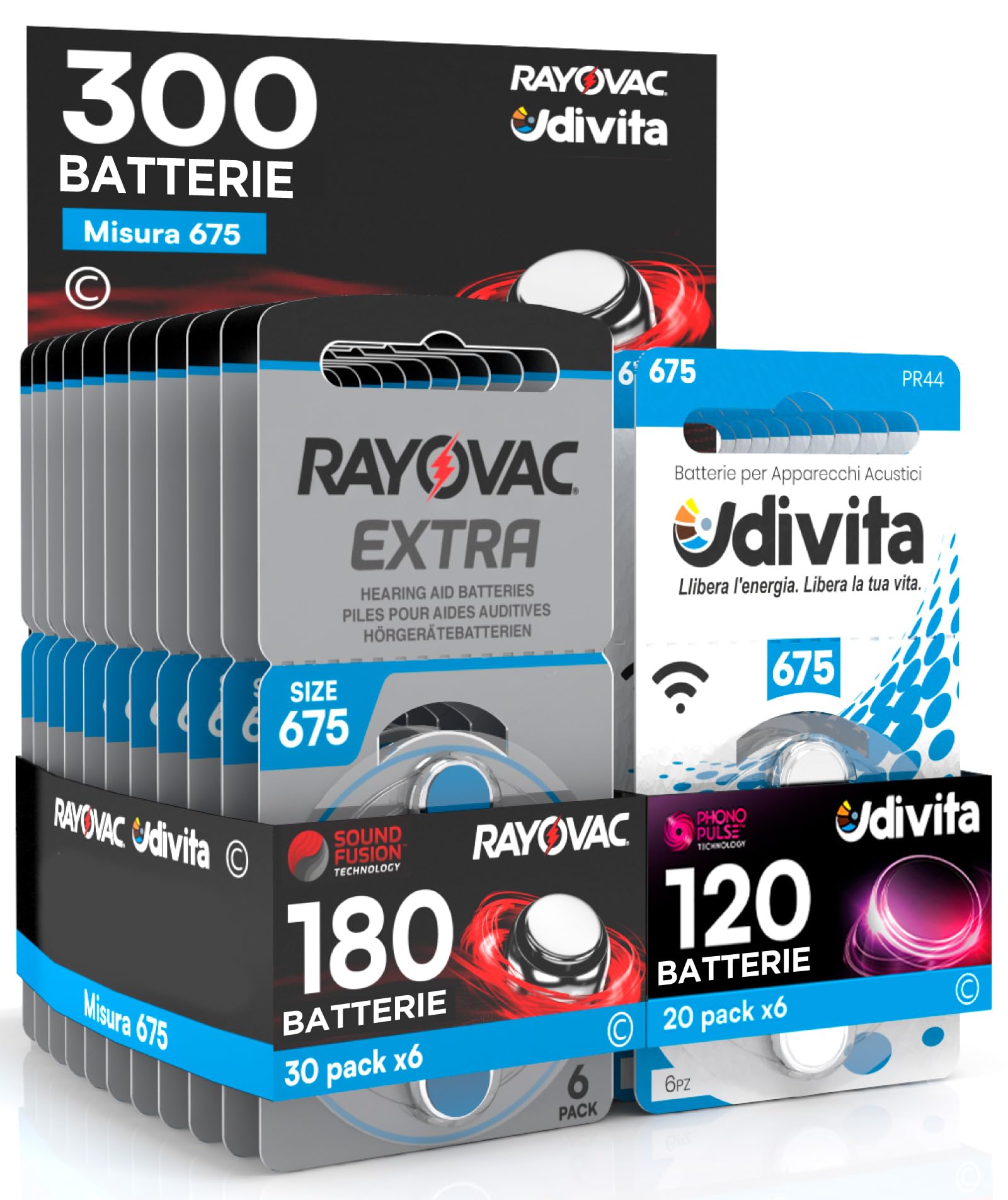 300 Batterie per Apparecchi Acustici Misura 675 PR44 Blu Zinco-Aria Phono Pulse Technology in 50 Blister da 6 Pile - 300 Batterie: 180 Rayovac + 120 Udivita