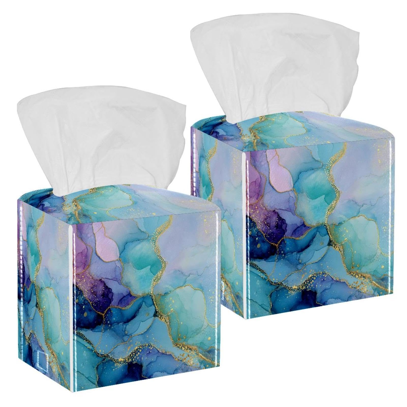 Marble Texture Tissue Box Cover, 2 Pack PU Leather Square Facial Tissue Dispenser Box holder for Home Office Car
