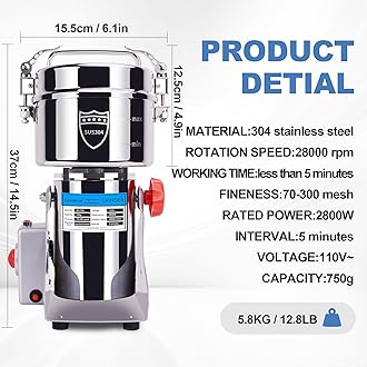 750g Electric Grain Mill Grinder, 304 Stainless Steel Flour Mill, 2800W High Speed Spice Grinder, Electric Grain Mill for Dry Wheat, Oats, Corn, Pepper and Coffee Beans