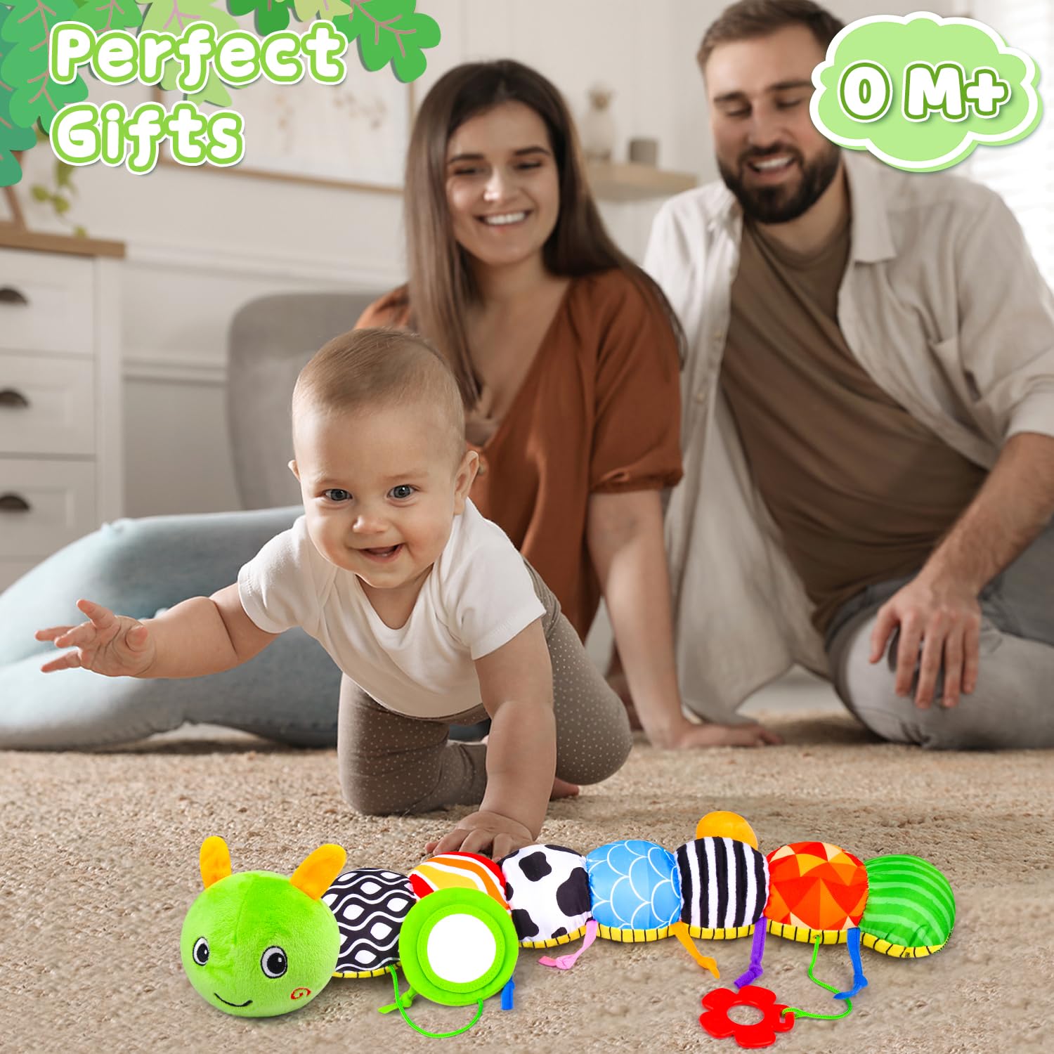 Vpkefla Infant Baby Toys 0-12 Months, Stuffed Animal Tummy Time Toys Sensory with Crinkle, Rattles, Textures, Mirror - Caterpillar Musical (Green)