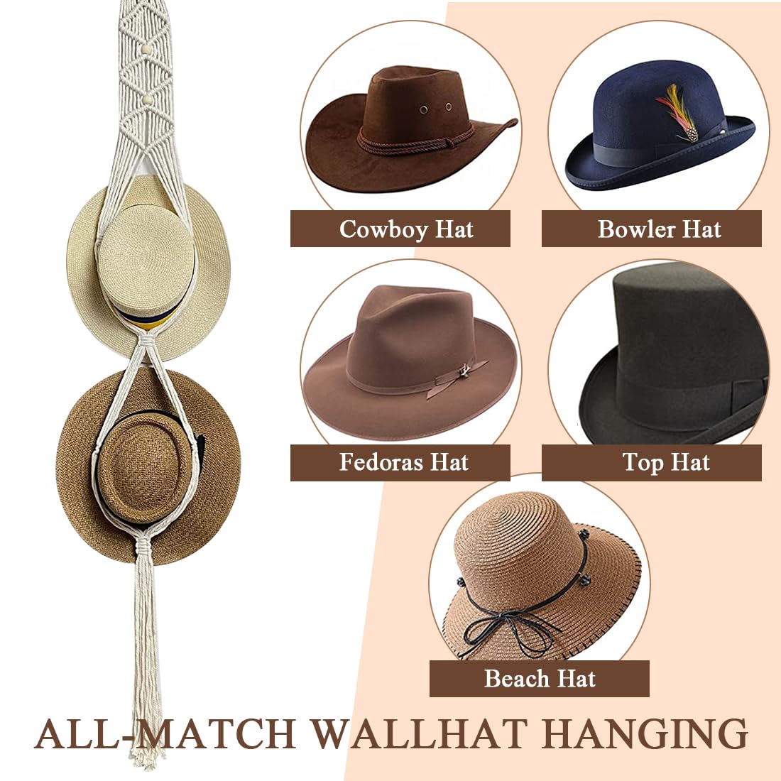 LINXIU Makramee-Hut-Kleiderbügel, Boho-Hutständer für Wand, dekorativ, Bohemian-Stil, Cowboy-Hüte, Halter für breite Krempe, Fedoras-Mützen (2 Hüte)