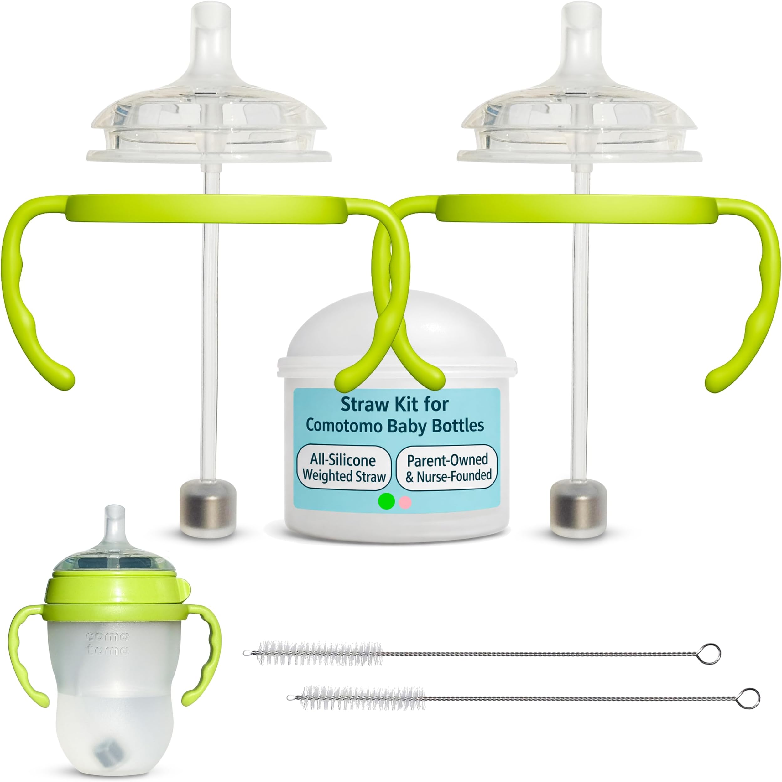 Straw Top with Weighted Straw and Cleaning Brush for Comotomo and Mason Baby Bottles (2-Pack) | Food Grade Silicone | BPA-Free | Spill-Proof