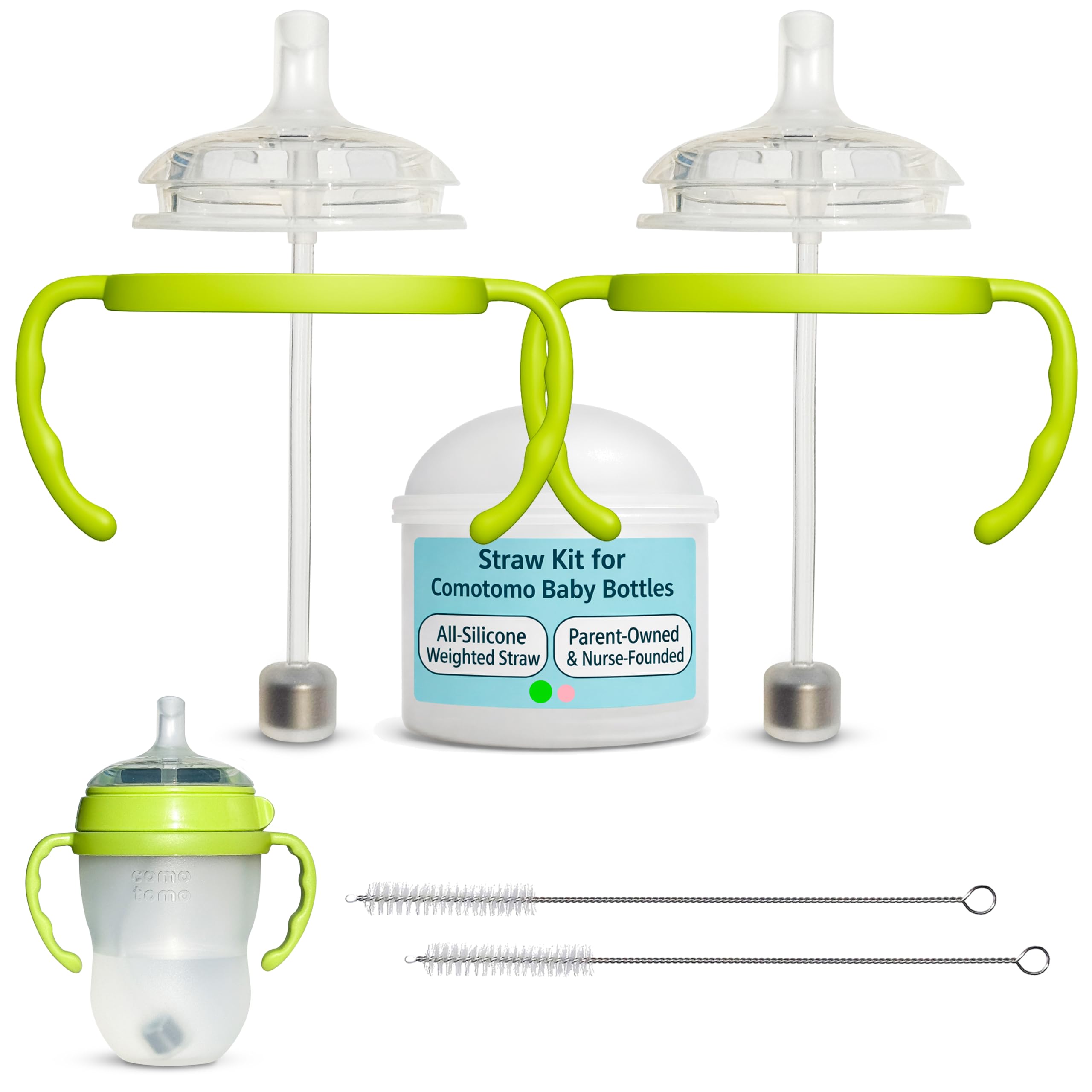 Straw Cup Conversion Kit for Comotomo Baby Bottles 2-Count, Food Grade Silicone Straw Nipples, All Silicone Weighted Straw, Bottle Handles and Cleaning Brush, BPA Free, 6+ Months (Straw Top, Green)