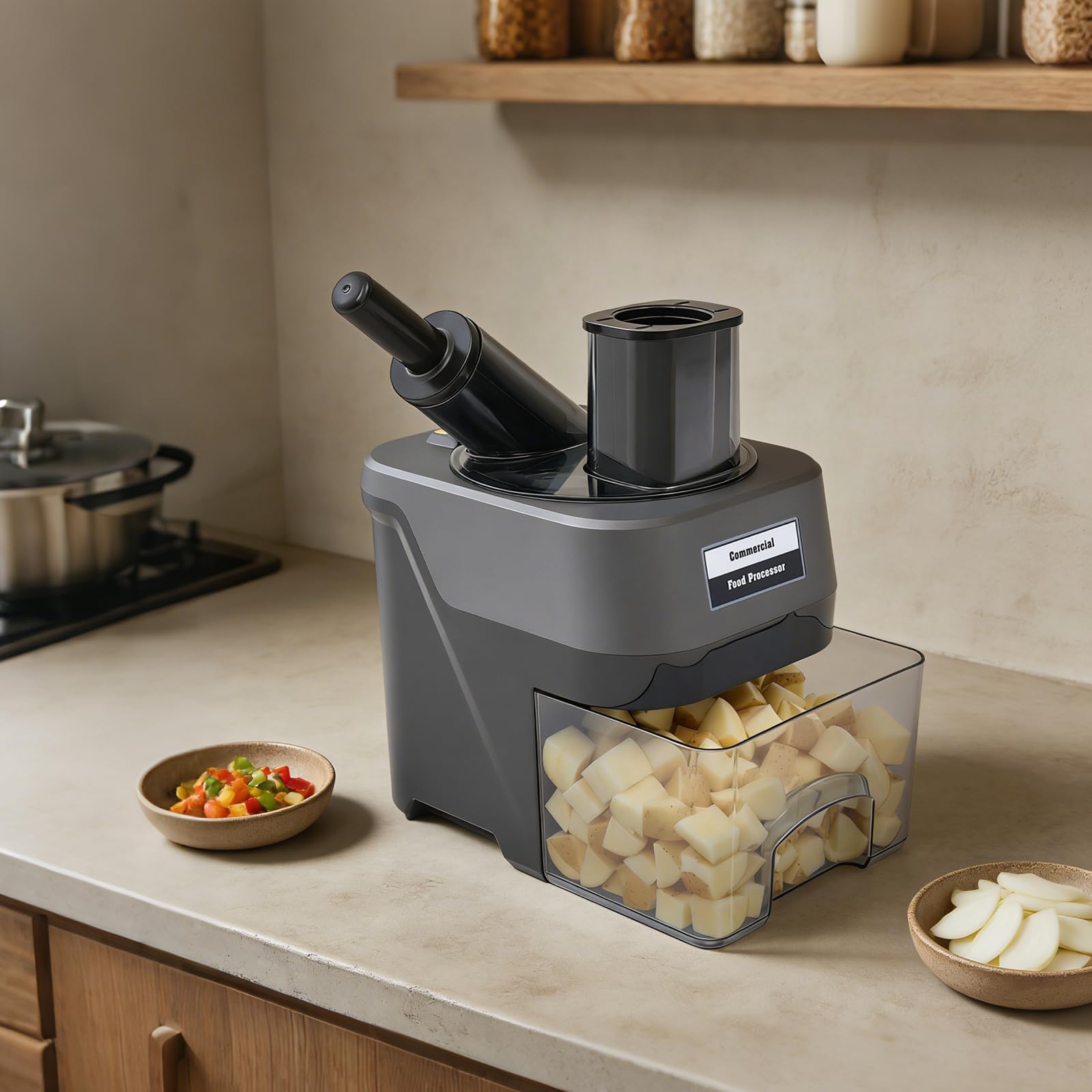 Gemüseschneider Elektrisch, 3-in-1 Gemüsehobel mit 3 AustauschbarenTrommelklingen, Elektrische Reibe für Obst Gemüse Käse Obst Nüsse Karotten, Bedienung Reibe Küche,Grau