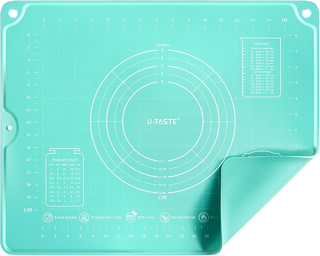 Liquid Dough Rolling Baking Mat: U-Taste 16"x20" Food-Grade Non-Slip Pastry Silicone Sheet, Non Slip for Kneading, Making Pizza, Fondant, Pie Crust with Clear Measurement and Raised Edges (Aqua Sky)