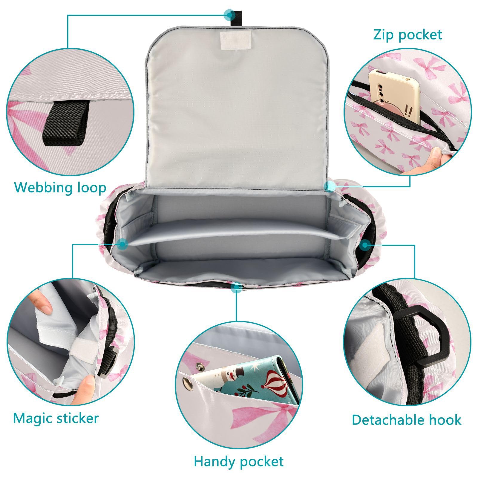 Burbuja Pink Bow Stroller Organizer with Insulated Cup Holders, Non-Slip Stroller Caddy Universal Fits Most Strollers, Nursery Accessories