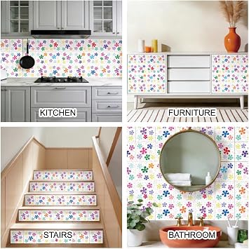 36pcs Modern Simple Line Flowers Tile Sticker Geometric Peel and Stick Wall Tile Decals 4x4 in Self-Adhesive Removable Waterproof Vinyl Decals for Kitchen Bathroom Backsplash