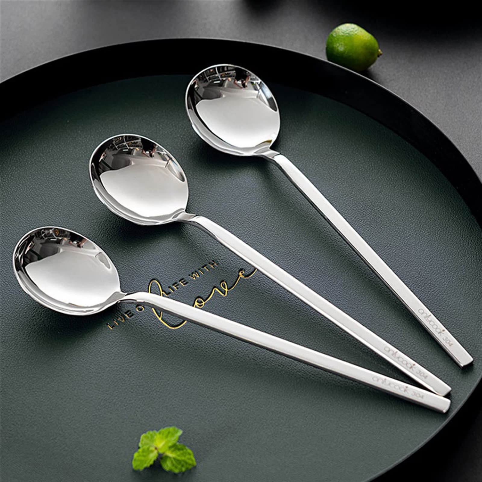 Suppenlöffel, Haushaltslöffel aus 304 Edelstahl, Langer Griff, Suppenlöffel, Geschirr, Rührlöffel for Reis, Kaffeegetränke, Rührlöffel, Esslöffel(6 Pieces)