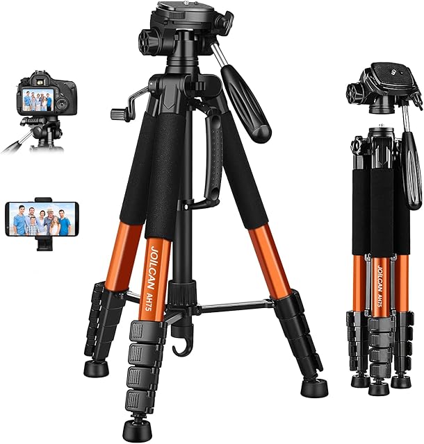 JOILCAN Camera Tripod for Canon Nikon, 74" Lightweight DSLR Tripod Camera Stand with Detachable Head and Universal Phone Mount, Reinforced Aluminum Tall Tripod for Vlog Live Streaming (Orange)