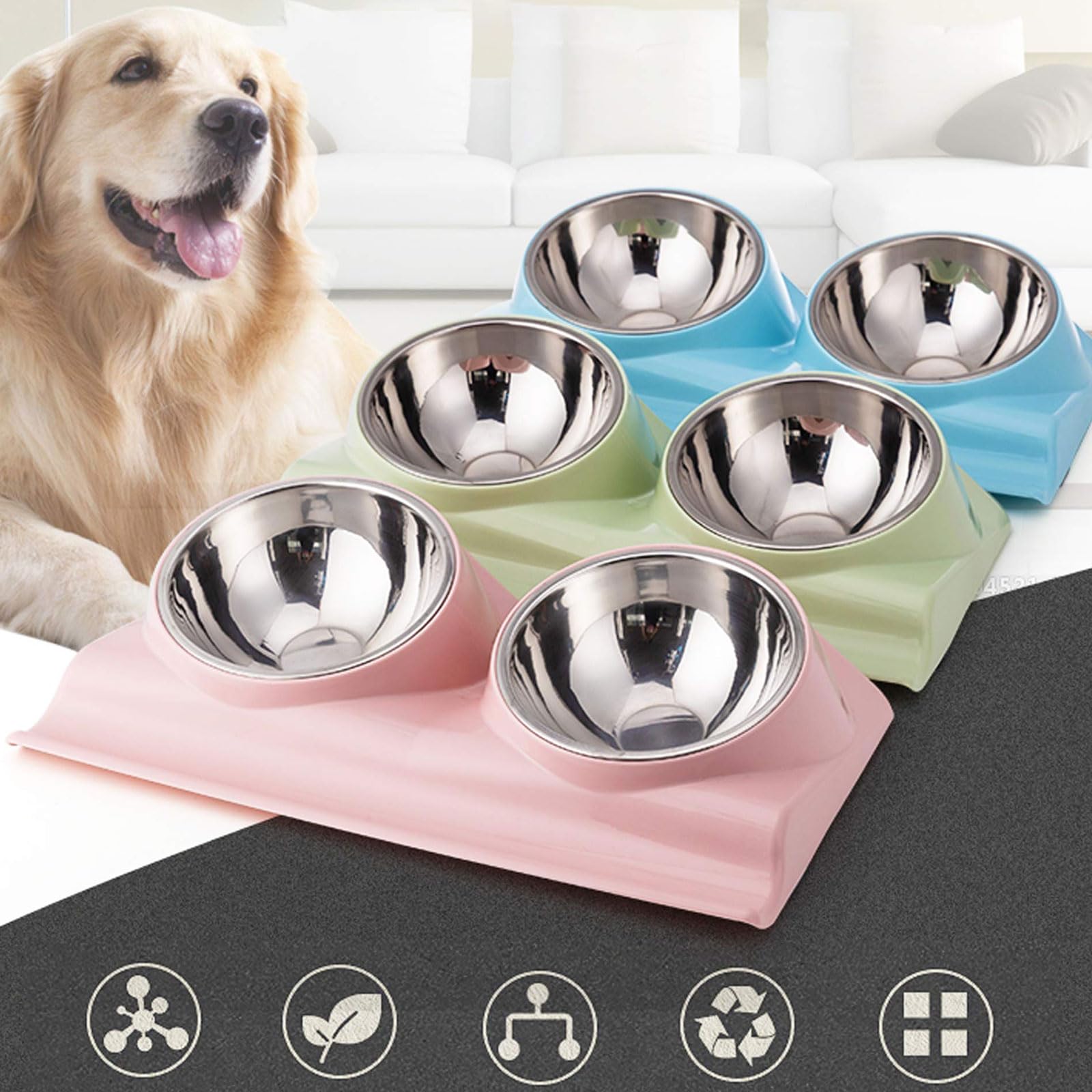 Comedero Doble for Mascotas con Base elevada, Antideslizante, Inclinado a 15 Grados, for Comida y Agua, Color Azul