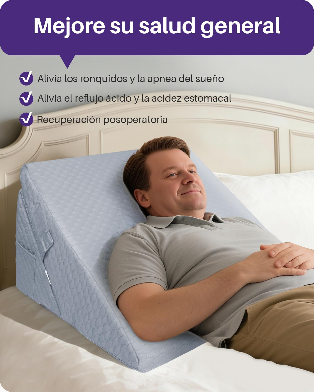 Kekoy Cuña Antireflujo Adulto Ajustable | Ideal para Apnea del Sueño, Reflujo Ácido, Ronquidos y Recuperación Postoperatoria | Almohada Cuña en Espuma de Memoria, Funda Lavable y Asidero - Gris